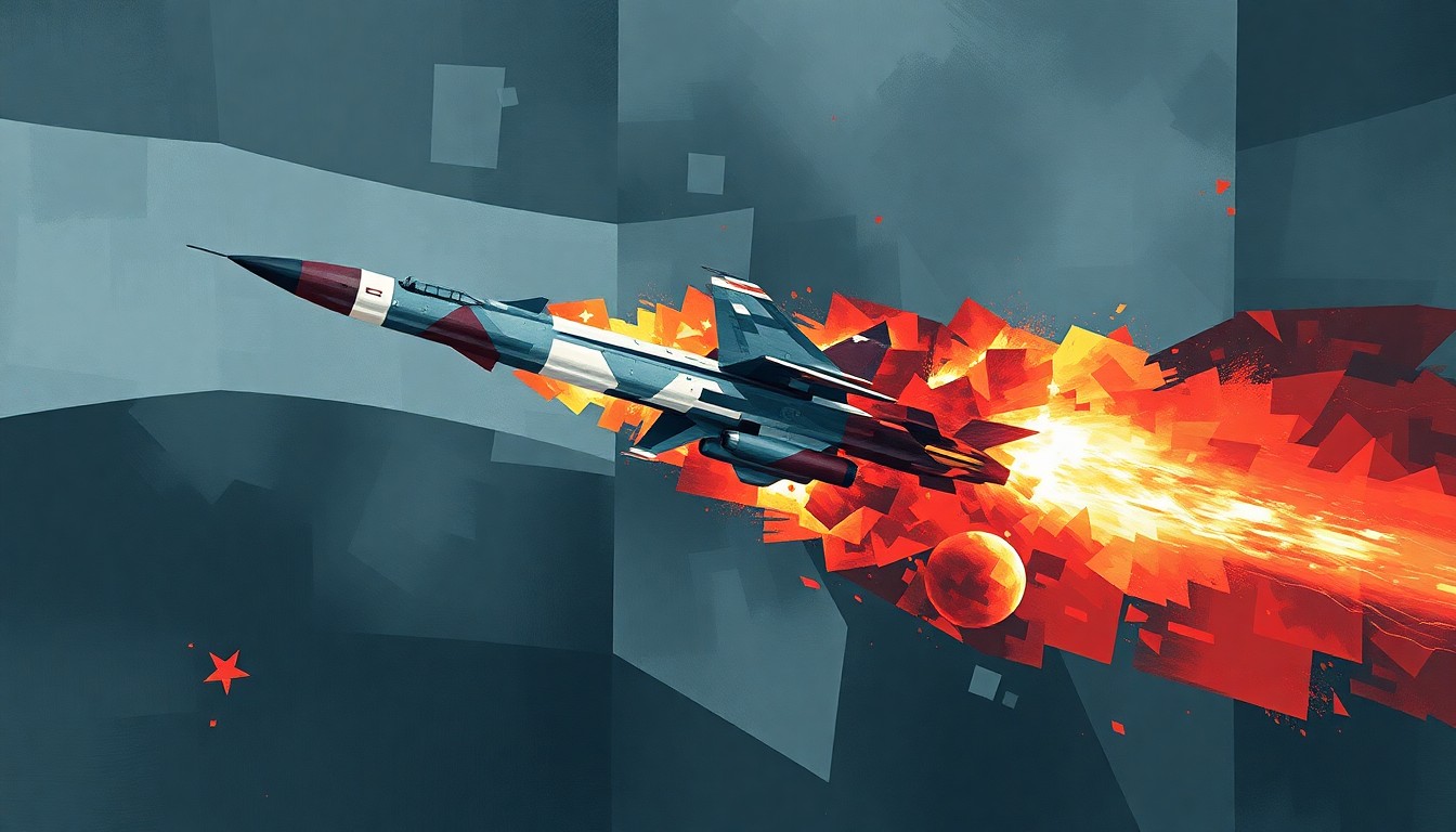 A dynamic, fragmented painting of a military vehicle or missile in motion, with overlapping geometric shapes and waves of dark, moody colors conveying a sense of power and unrest.