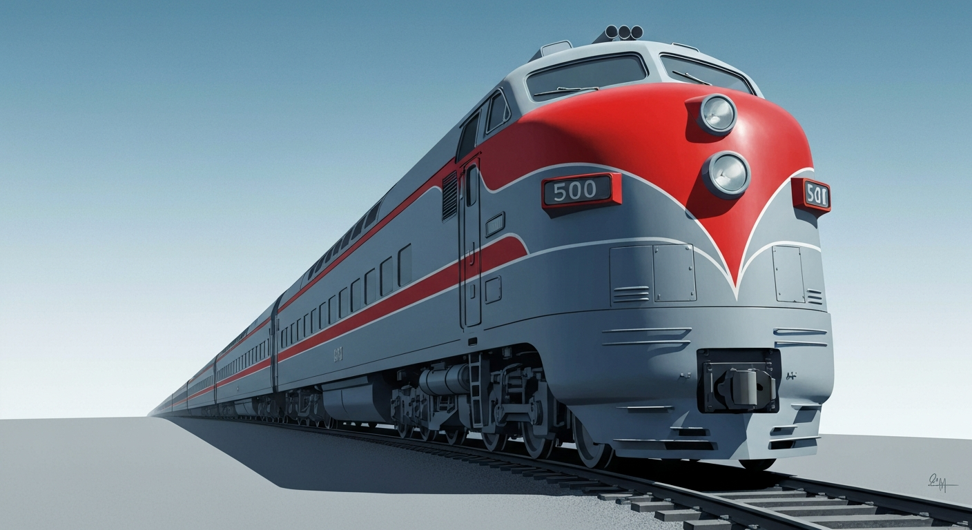 A bold, geometric illustration in shades of blue and gray, featuring a towering, streamlined steam locomotive with a bullet-shaped nose and Tuscan Red stripe emerging from the center of the frame, capturing the grand scale and romance of vintage rail travel.