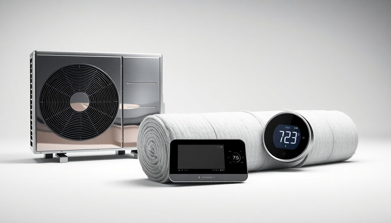 A photorealistic studio still-life image featuring a chrome-finished heat pump unit, a roll of insulation batting, and a smart thermostat control panel, all arranged elegantly on a clean, white background with dramatic studio lighting to represent the premium, high-performance nature of the home efficiency upgrades.