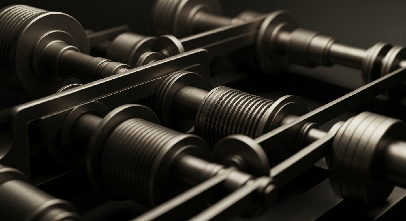 An extreme close-up of various metal components and machinery, representing the complex mechanics that underpin the banking industry and financial security.