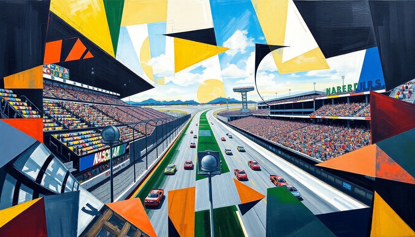 A fractured, multi-perspective painting in the style of Pablo Picasso, with bold geometric shapes and vibrant colors representing the movement and energy of a NASCAR race at Nashville Fairgrounds Speedway.
