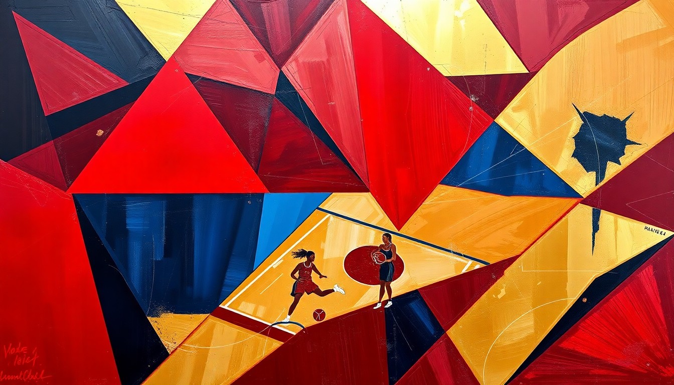A fragmented, cubist-style painting depicting a women's basketball game, with the players and court broken down into sharp, overlapping geometric shapes in shades of red, blue, and gold, conveying the dynamic energy and competitive spirit of the sport.
