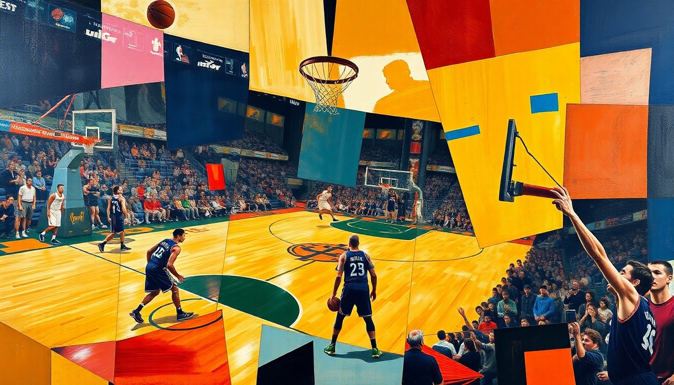 A cubist, geometric painting depicting a basketball game or match, with the players and court broken down into sharp, overlapping planes of color and shape.
