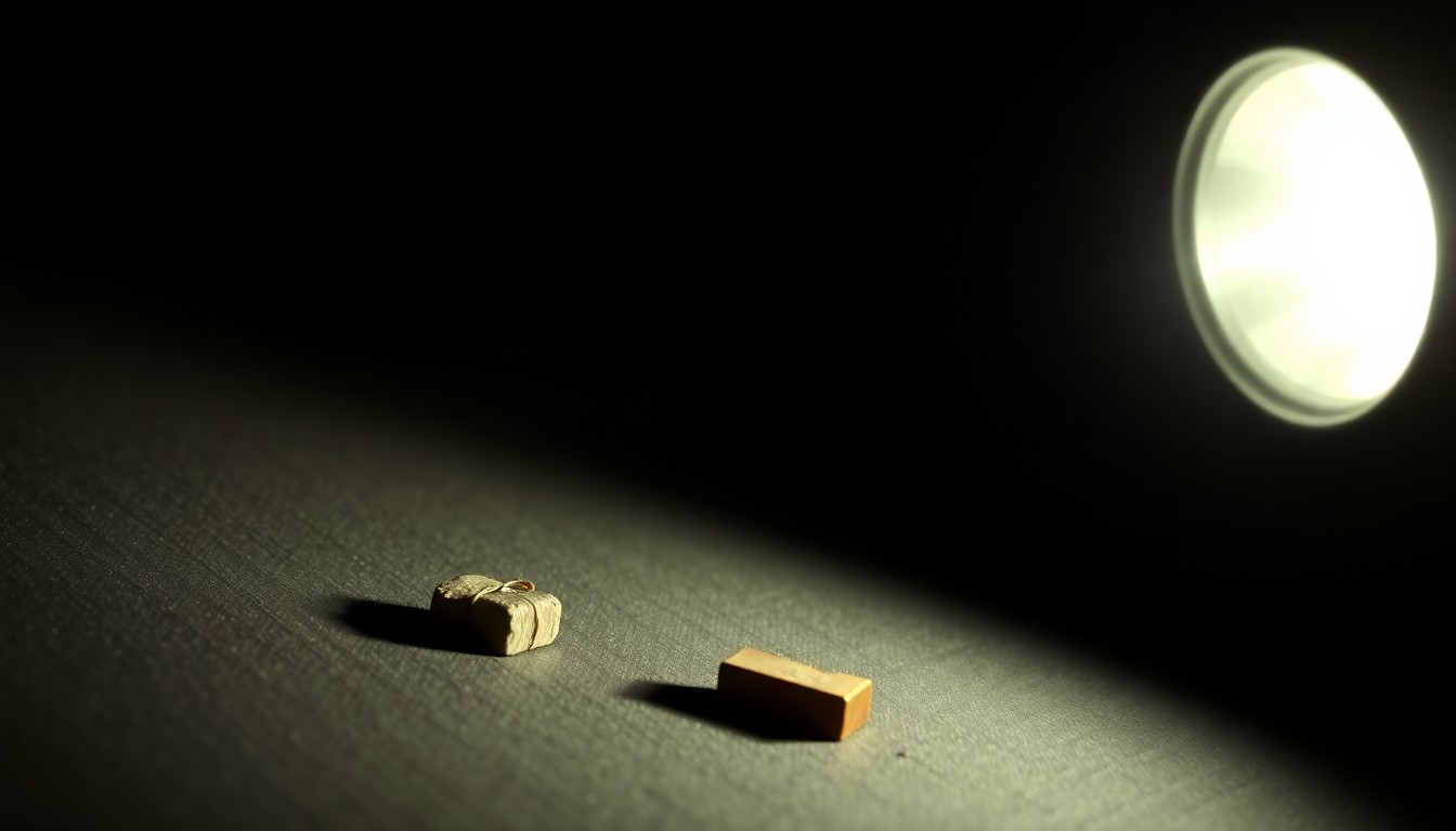 An extreme close-up photograph of a small, unidentifiable personal item or broken object, dramatically lit by a harsh camera flash against a pitch-black background, conceptually representing the somber details of a violent crime investigation.