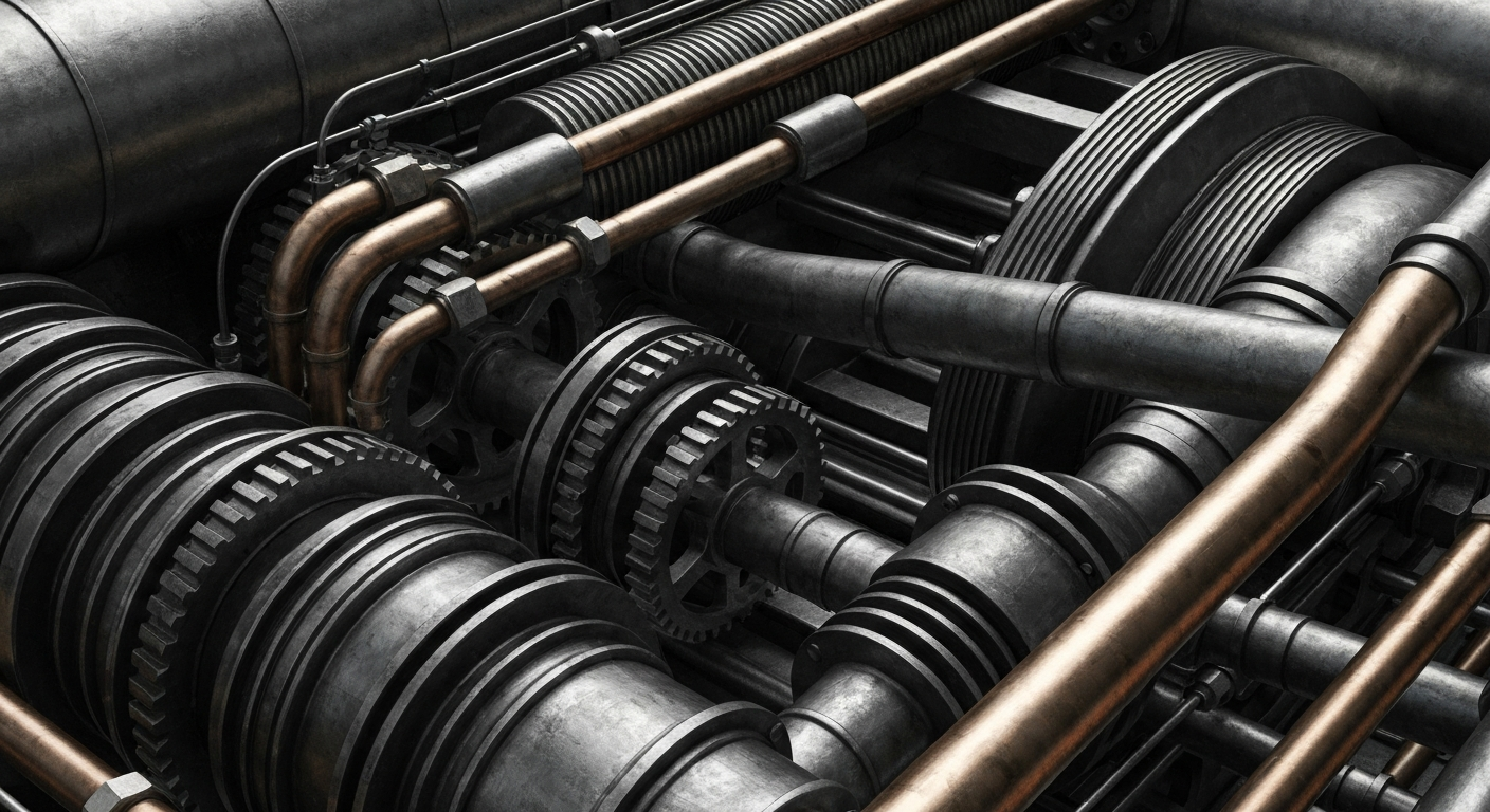 An extreme close-up of interlocking industrial gears and pipes in muted metallic tones, conceptually representing the complex financial mechanisms behind climate-focused real estate investments.