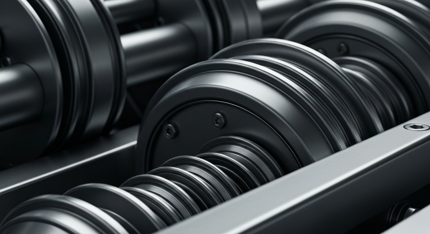 An extreme close-up of gears, levers, and other heavy industrial banking machinery in shades of steel grey, gunmetal, and chrome, conveying a sense of institutional financial power and security without using literal currency or charts.