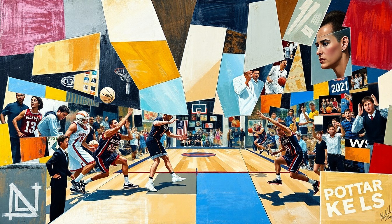 A fragmented, geometric painting depicting various sports actions and players in an abstract, cubist style, capturing the dynamic and unpredictable nature of the upcoming EFL matches on Good Friday 2026.