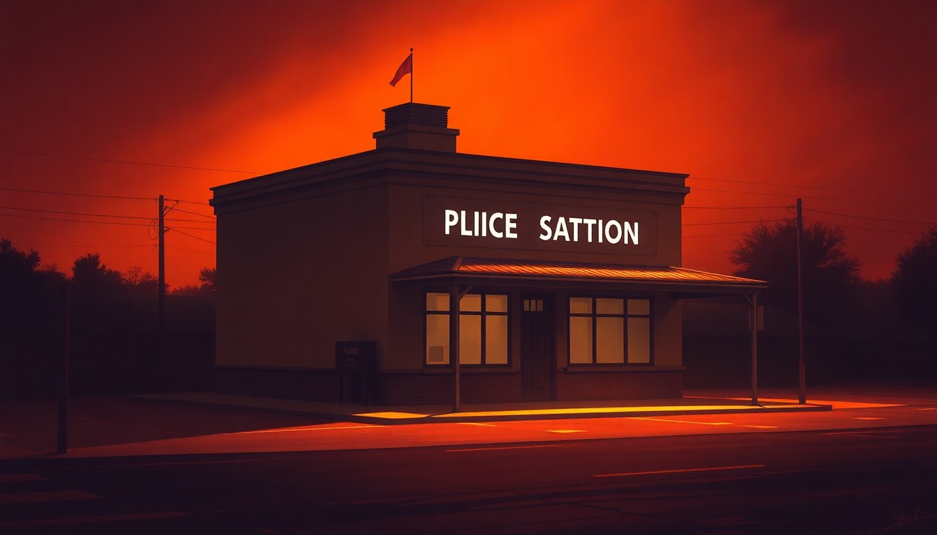 A dimly lit, cinematic painting of a police station building with warm, diagonal sunlight casting shadows across the facade, conceptually illustrating the tension between law enforcement and immigrant communities.