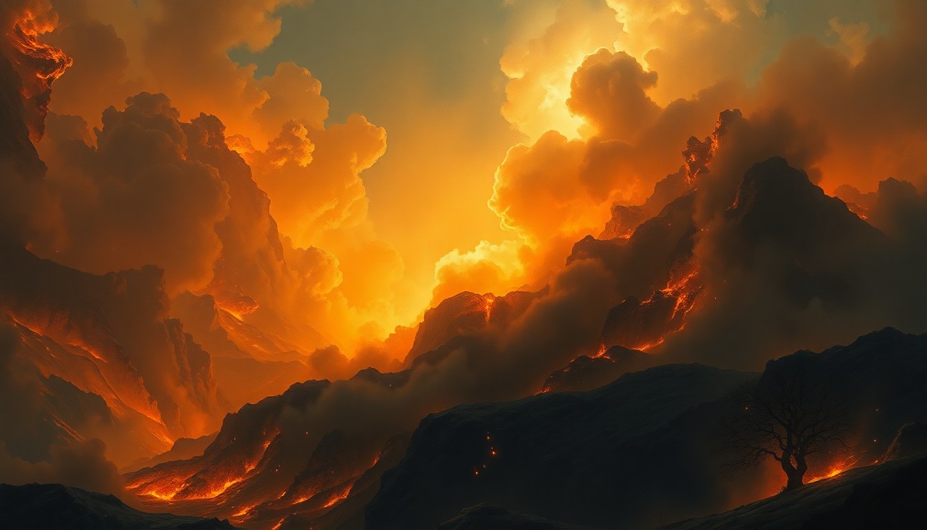 A sweeping, atmospheric landscape painting depicting a large, raging fire consuming a storage facility, with the flames and thick smoke dominating the scene and dwarfing any physical structures or objects in the frame.