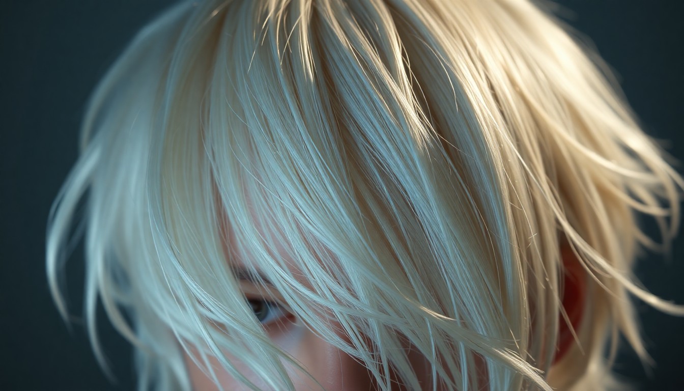 An extreme close-up photograph of platinum blond hair strands, shot in dramatic, high-contrast studio lighting to create a glitzy, high-fashion aesthetic, conceptually representing the actor's real-life hair experiment being incorporated into the show's storyline.