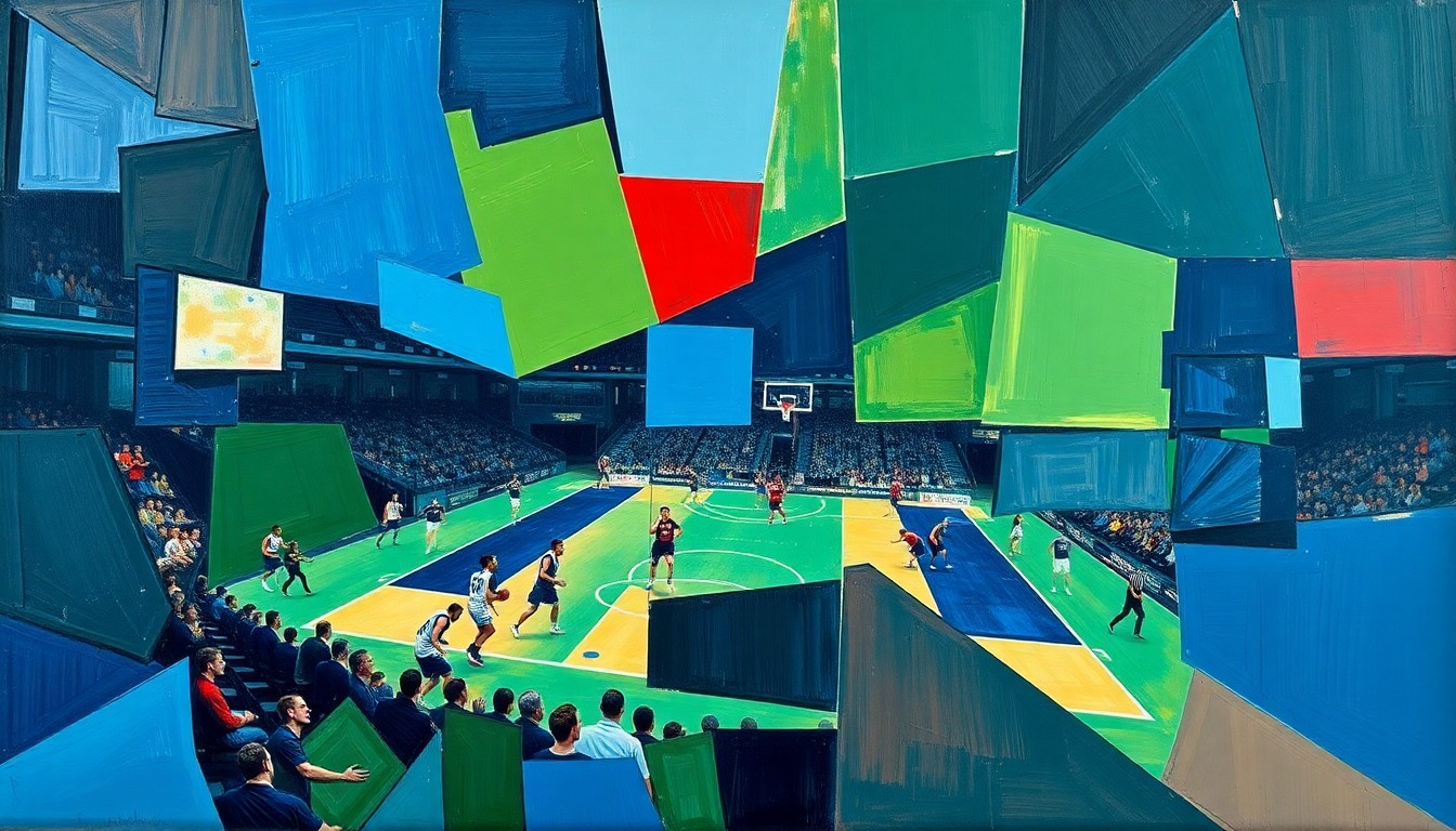 A cubist, geometric painting depicting a fragmented, multi-angled view of a college sports competition, with sharp planes of color representing the complex, overlapping issues facing intercollegiate athletics.