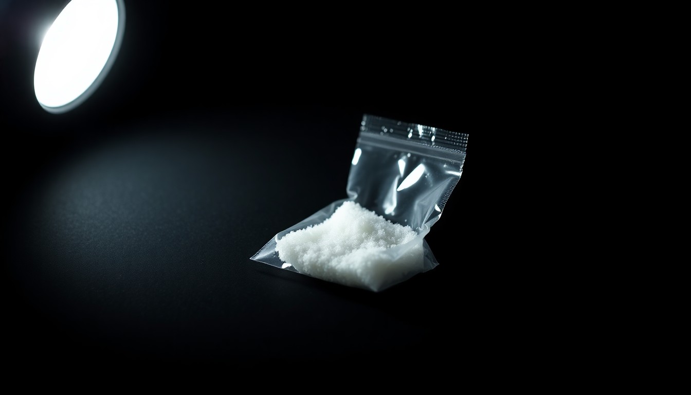 An extreme close-up photograph of a small plastic bag containing a crystalline substance, lit by a harsh, direct camera flash against a pitch-black background, creating a stark, gritty, investigative aesthetic.