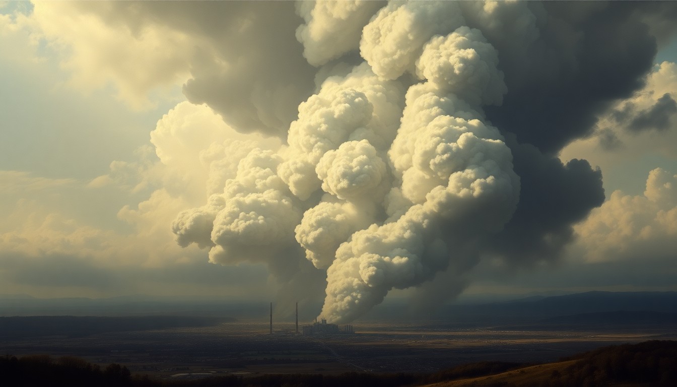 A sweeping, atmospheric landscape painting depicting a massive column of dark smoke rising from a distant industrial site, obscuring the surrounding buildings and infrastructure. The scene conveys a sense of the overwhelming power of nature and the potential dangers of storage facilities for construction equipment.