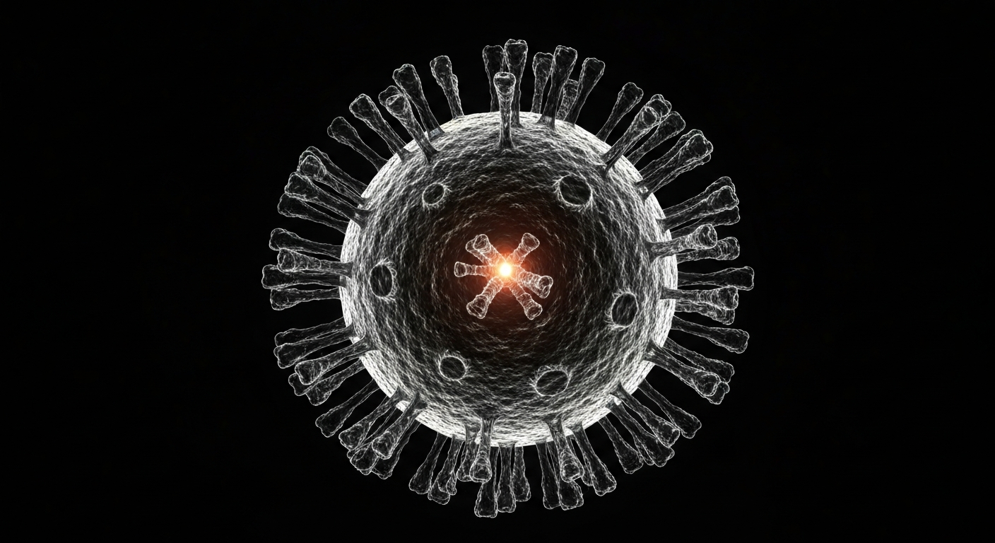 An extreme close-up X-ray photograph revealing the intricate internal structure of a measles virus particle, its ghostly form illuminated against a dark background.