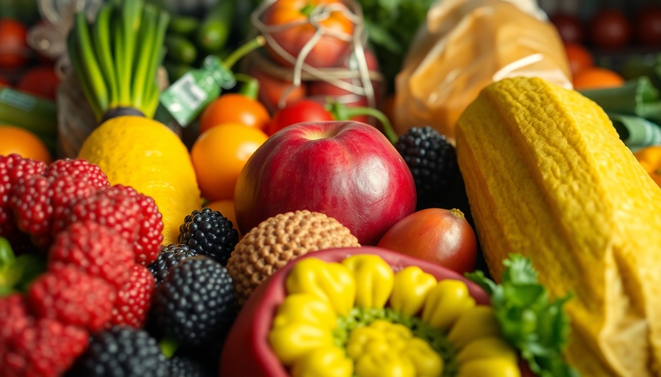 An extreme close-up of lush, textured organic produce and natural goods from Rainbow Grocery, captured in dramatic, high-contrast studio lighting to create a celebratory, high-fashion aesthetic.