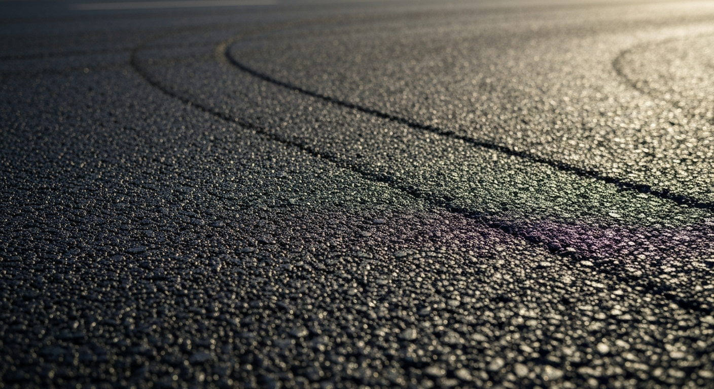 An extreme close-up of a textured asphalt surface, capturing the raw materials and construction process of a new roundabout intersection through dramatic lighting and abstract patterns.
