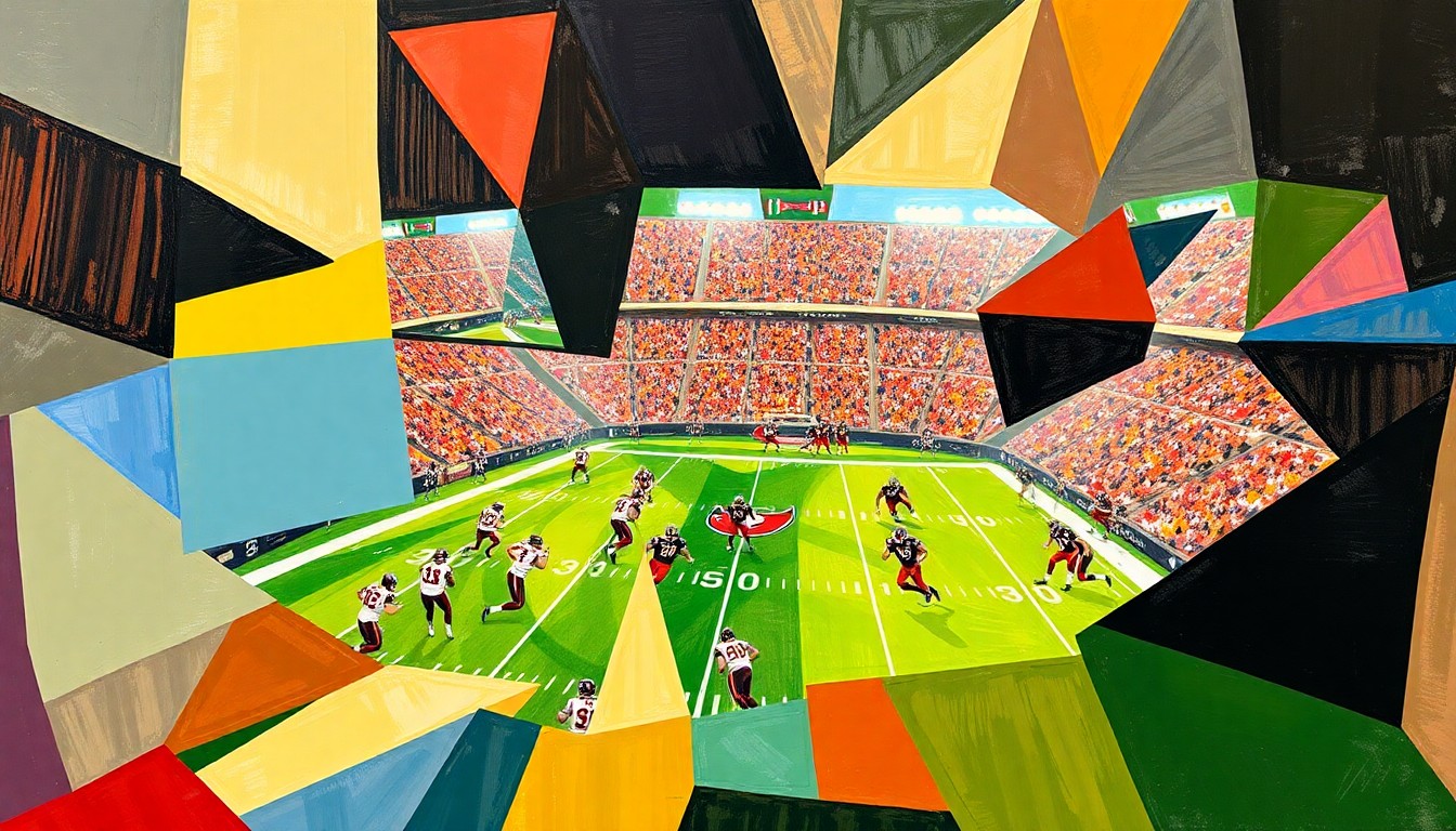 A cubist, geometric illustration depicting a Buccaneers football game, with sharp, overlapping planes of color and form capturing the raw energy and movement of the sport.