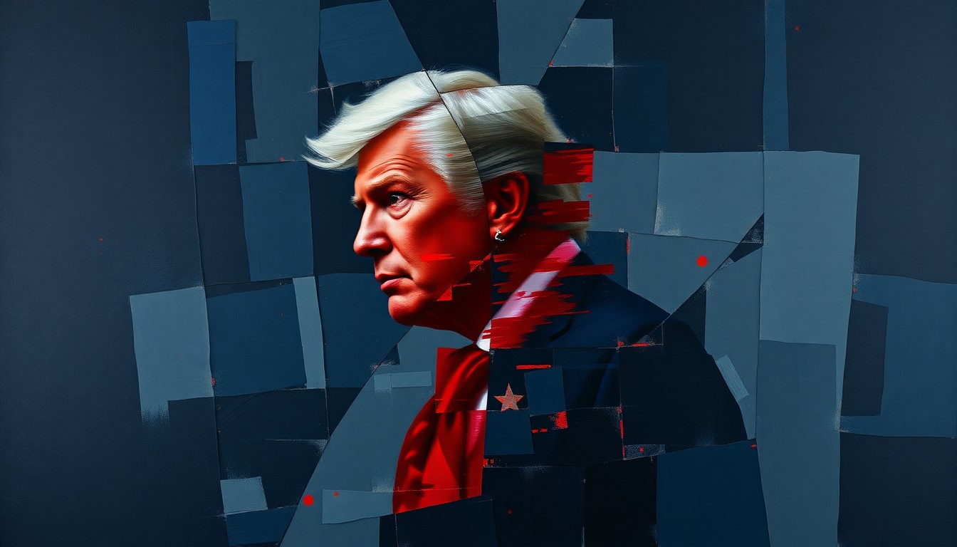 A fractured, abstract painting in shades of navy, gray, and red depicting a blurred, overlapping figure representing a politician, conveying a sense of political turmoil.