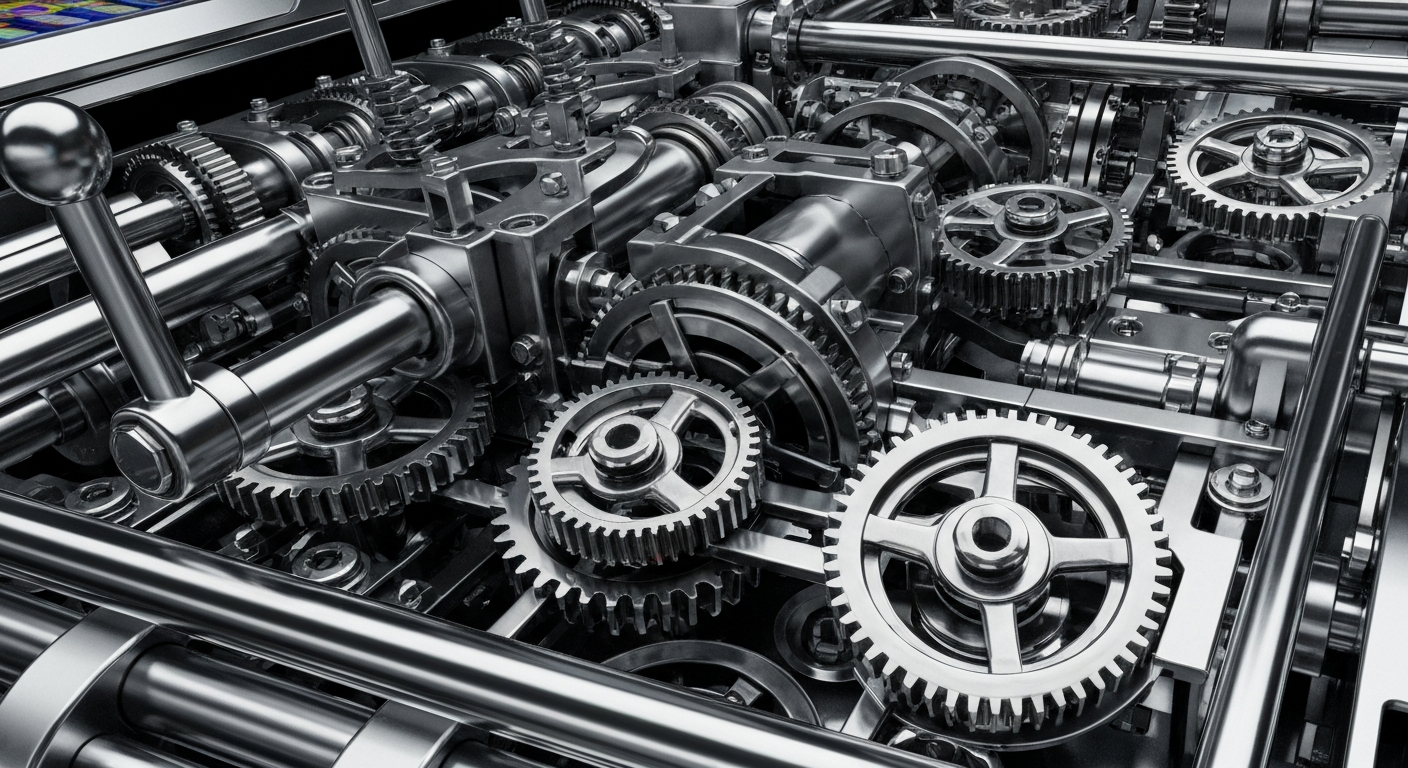 An extreme close-up of the inner workings of a large Powerball machine, with intricate metal gears and levers in shades of grey and chrome, conveying the industrial scale and financial power of the state lottery system.
