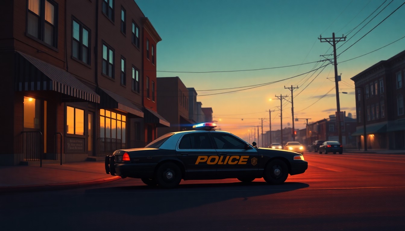 A serene, cinematic painting of an Ocean City police cruiser parked on a quiet street, the vehicle bathed in warm, golden light and deep shadows, capturing a sense of tranquility and civic duty.