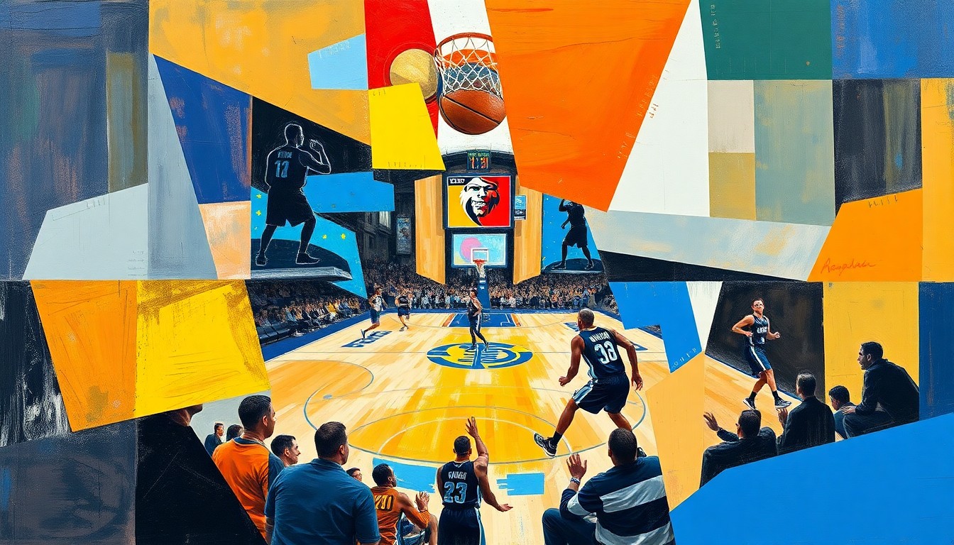 A cubist, geometric painting depicting a basketball game in motion, with overlapping planes of color and shape representing the players and their movements on the court.