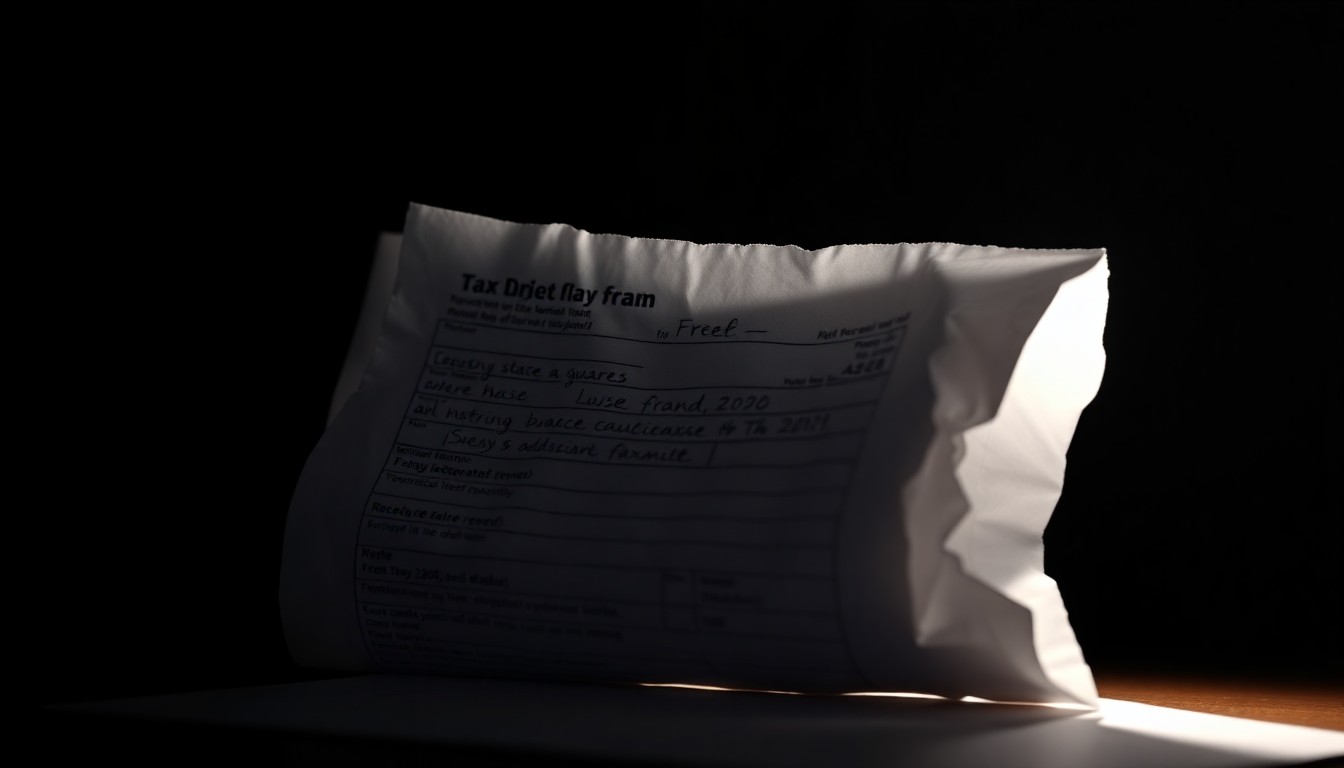 An extreme close-up photograph of a crumpled, handwritten tax form lit by a harsh, direct camera flash against a pitch-black background, conceptually illustrating the gritty details of a tax fraud investigation.