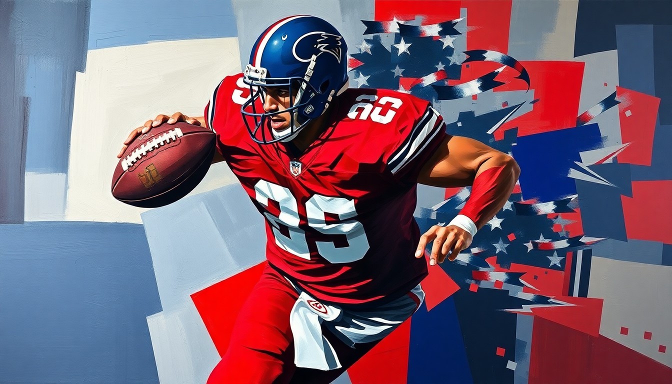 A fragmented, geometric painting depicting a football player in the midst of a pass rush, with sharp planes of navy blue, red, and white overlapping to create a dynamic, abstract composition.