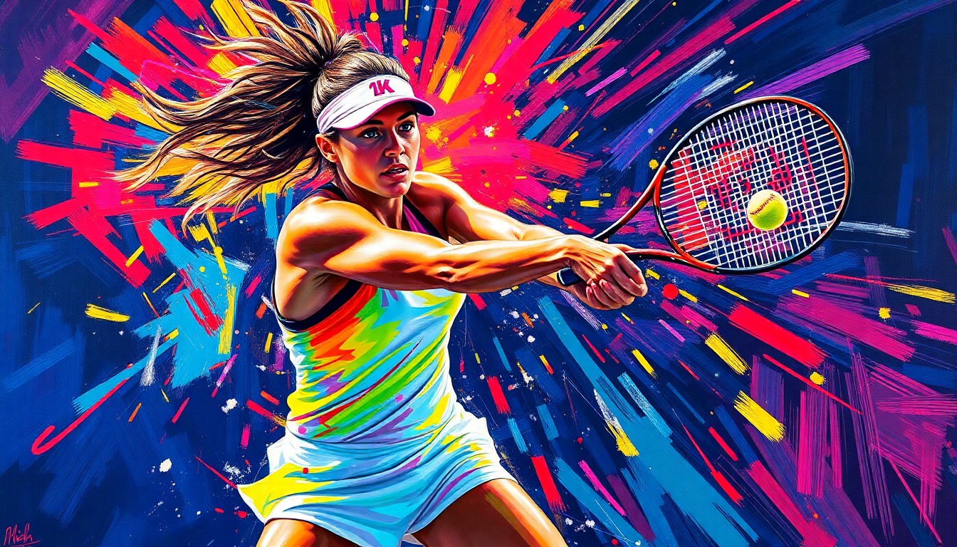 An abstract, energetic painting in neon colors depicting the intense action and emotion of a tennis match, capturing the drama and skill of the players.