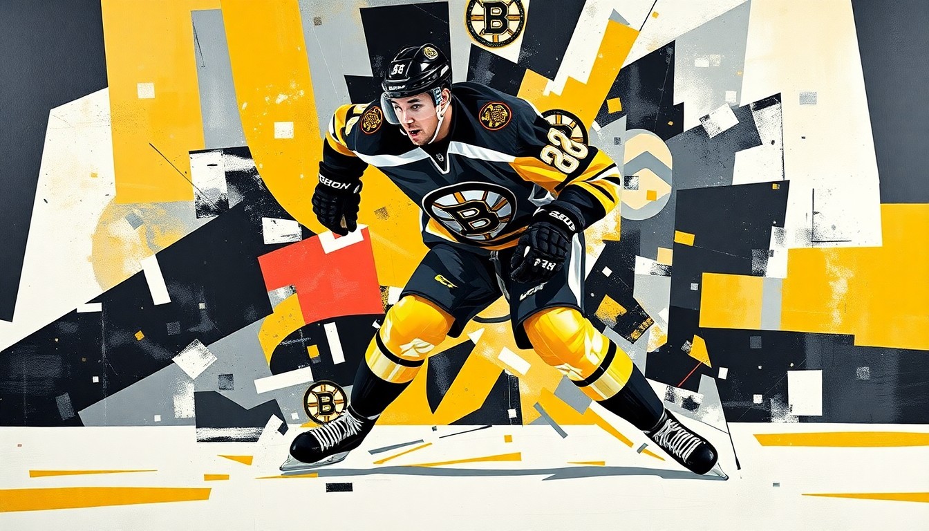 A cubist, geometric painting depicting a hockey player in motion, with sharp, overlapping planes of black, gold, and white representing the Boston Bruins' colors and the fractured, multi-perspective style.