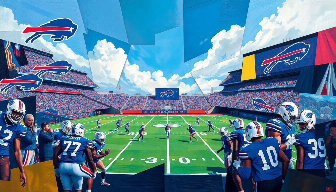 A cubist-style painting depicting a fragmented, geometric representation of Buffalo Bills players engaged in a football practice, with sharp, overlapping shapes and planes conveying the energy and intensity of the team's offseason preparations.