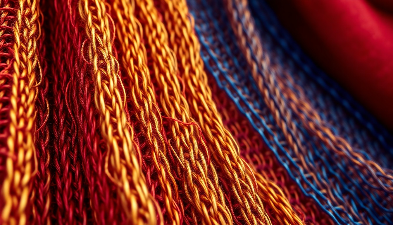 An abstract close-up photograph of intricately woven fabric textures in rich, high-contrast colors, capturing the materiality and craftsmanship that defined Bridgeport's textile industry legacy.