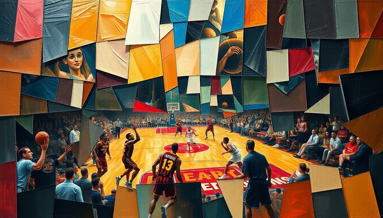 A cubist-style painting featuring overlapping geometric shapes and planes in shades of blue, orange, and green, representing the chaotic energy and multiple perspectives of a heated basketball game moment.