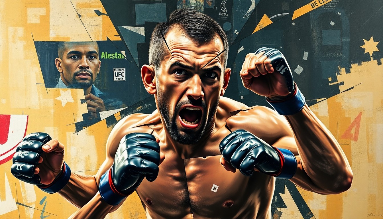 A fragmented, multi-angled painting depicting a UFC fighter in mid-action, with their body and face broken down into sharp, overlapping geometric shapes, conveying the dynamic and evolving nature of the sport.