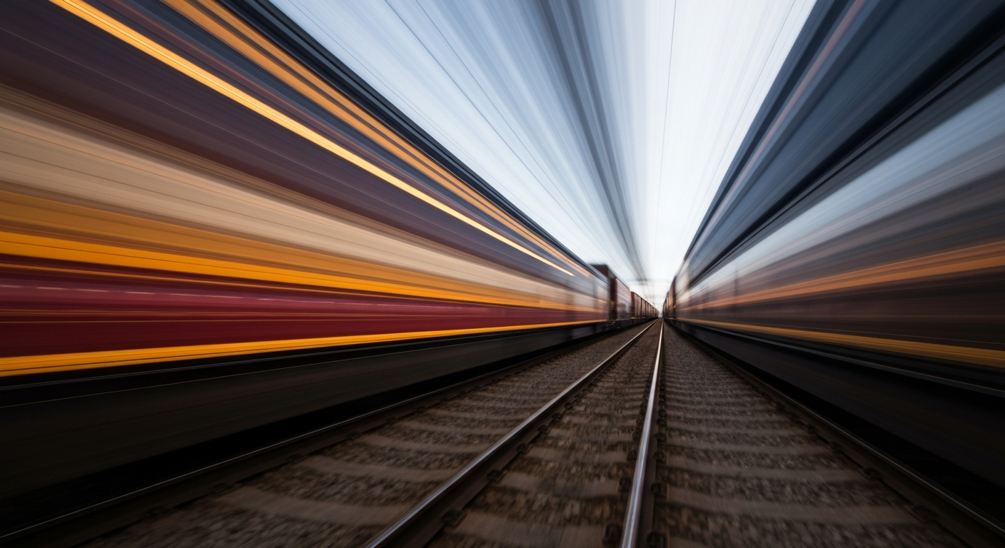 An abstract, colorful image created with a slow shutter speed and panning motion, depicting a freight train on railroad tracks as blurred streaks of vibrant hues, conveying a sense of speed, movement, and transportation infrastructure.