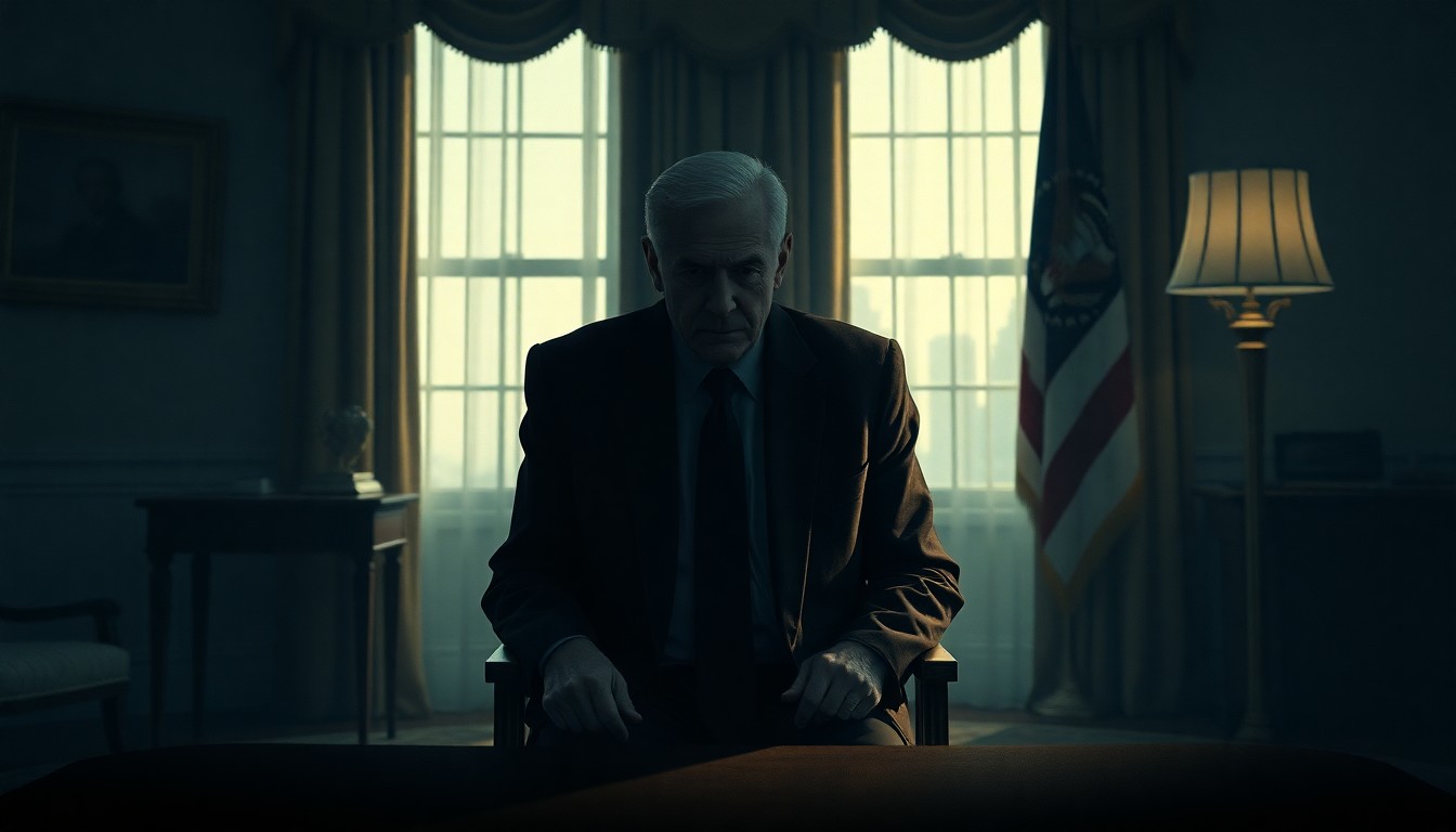 A cinematic painting of an elderly man sitting alone in a dimly lit Oval Office, his face obscured by shadows, conveying a sense of isolation and fragility.