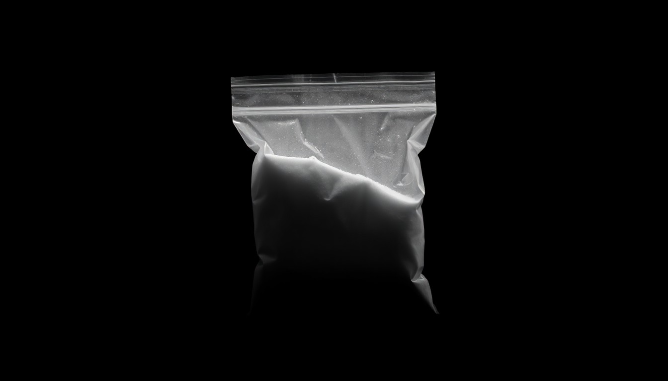 An extreme close-up photograph of a small plastic bag containing white powder, lit by a harsh, direct camera flash against a pitch-black background, conceptually illustrating the drug possession charges against the Cowboys player.