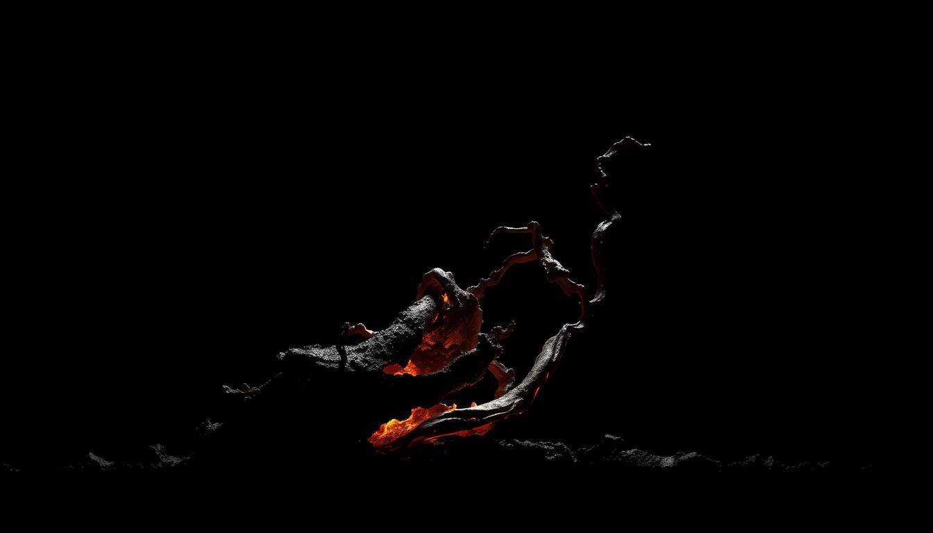 An extreme close-up of a charred, twisted piece of metal from a church, lit by harsh flash photography against a black background, conveying the stark, gritty aftermath of the arson attack.