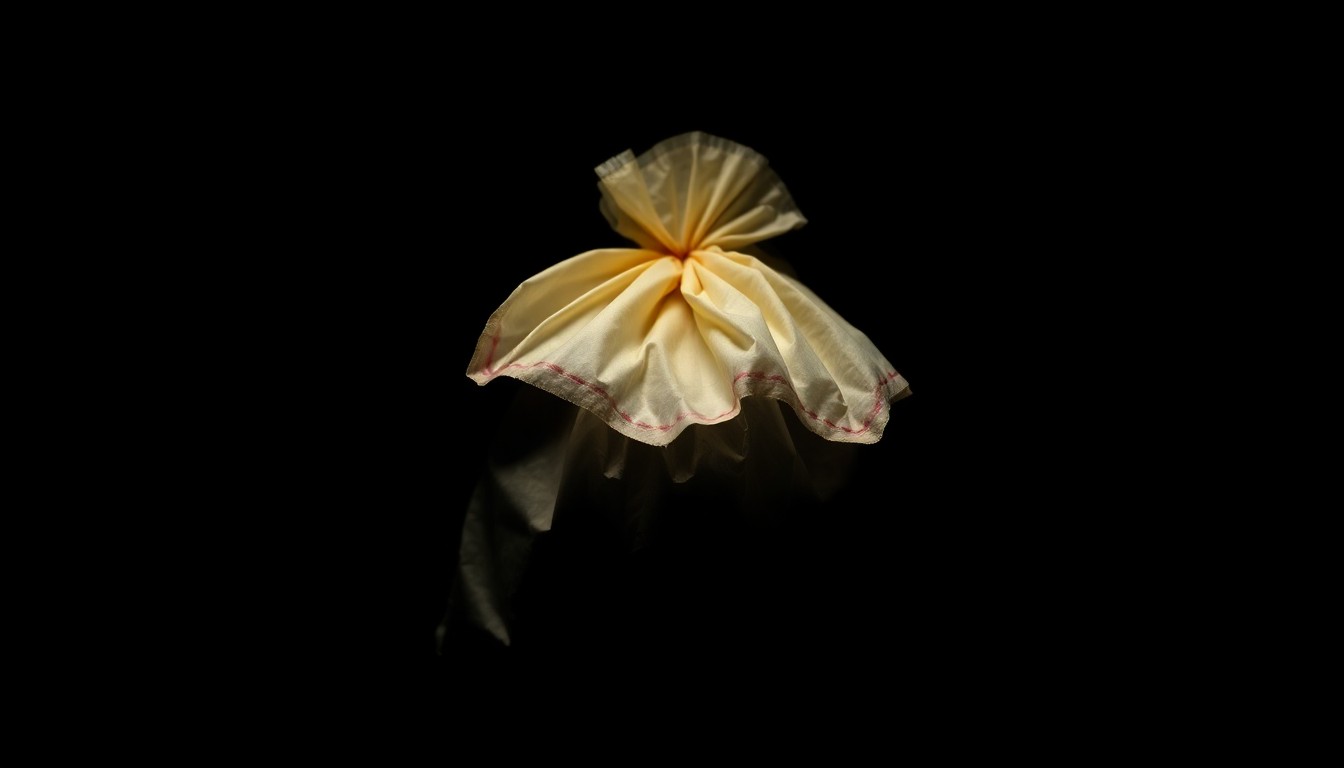 An extreme close-up photograph of a crumpled police evidence bag, lit by a harsh, direct camera flash against a pitch-black background, creating a stark, gritty, investigative aesthetic.