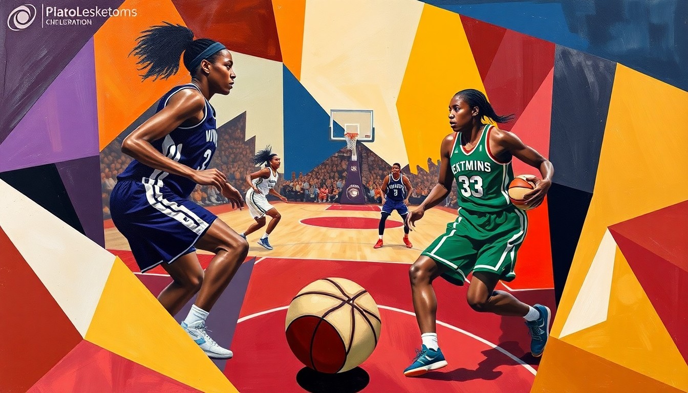 A cubist, geometric painting depicting a fragmented WNBA basketball game, with the players' figures and the court broken down into abstract shapes and forms in a vibrant color palette.