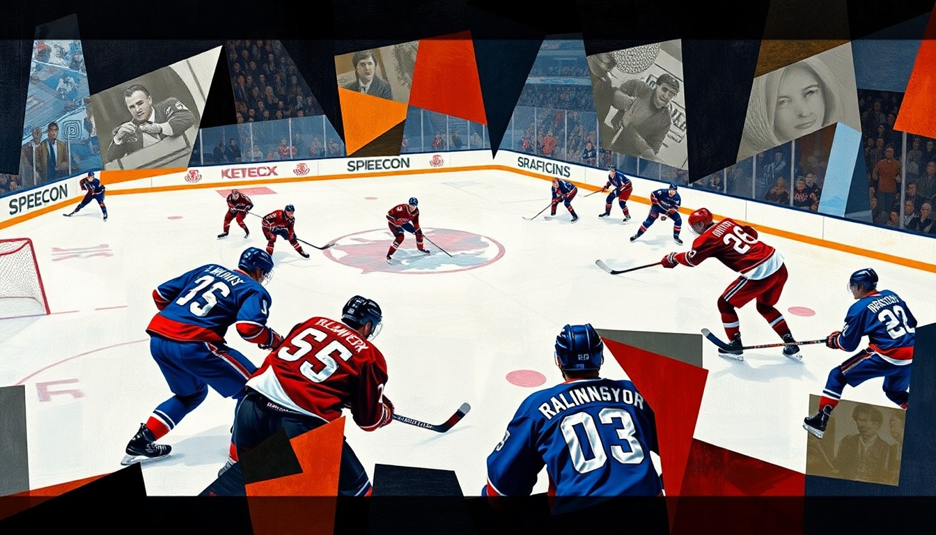 A fractured, multi-perspective painting in the style of Pablo Picasso, breaking down a hockey game between the New York Islanders and New York Rangers into sharp, overlapping geometric planes, capturing the players' movements and the intensity of the game.