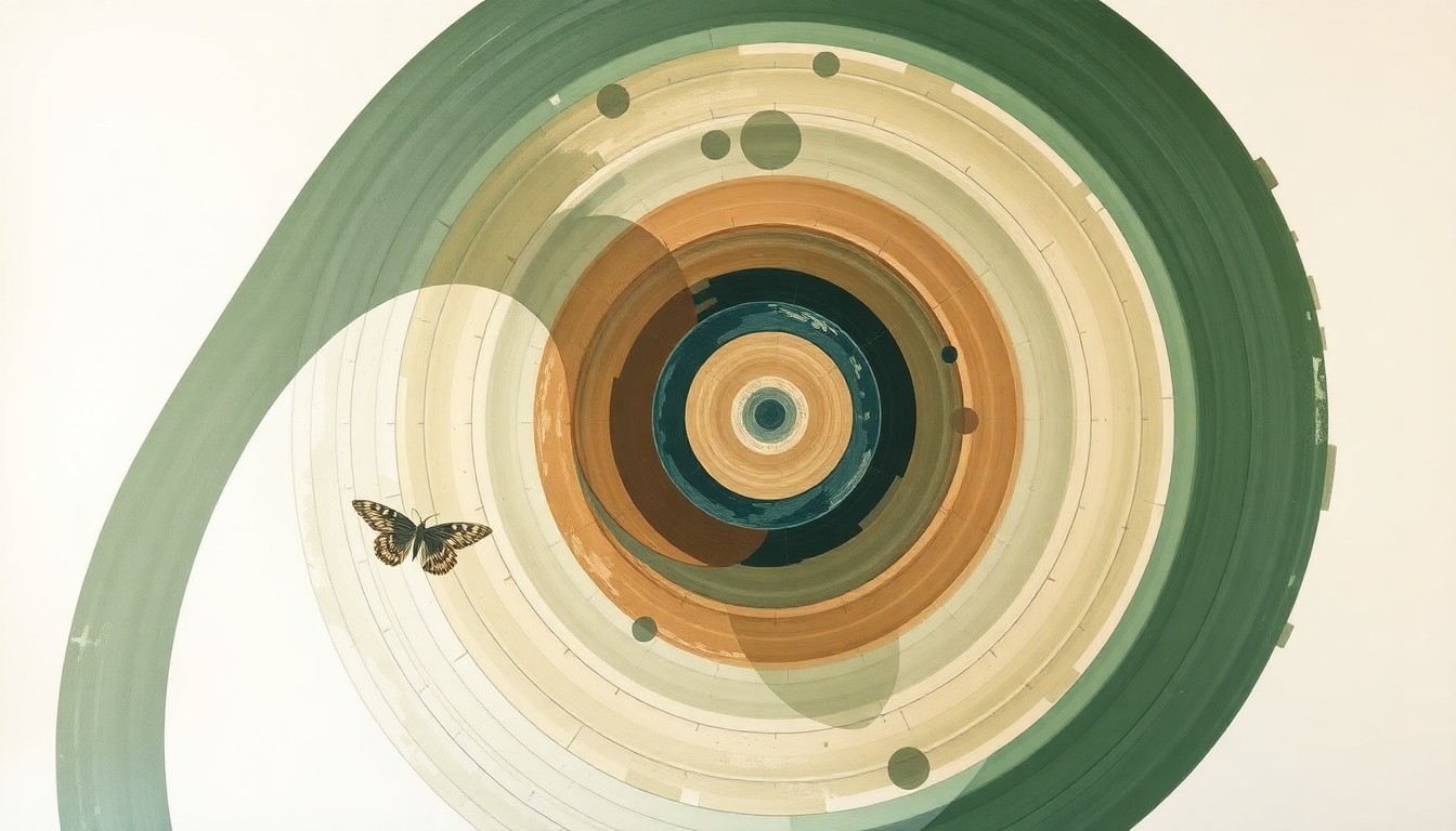 A bold, abstract painting featuring sweeping geometric arcs, concentric circles, and precise botanical spirals in earthy tones of green, brown, and blue, conceptually representing the complex scientific forces and structures of the human respiratory system and the unseen dangers of airborne toxins.