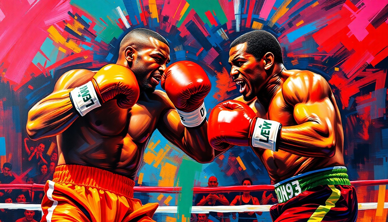 An abstract, expressionist painting in neon colors depicting the powerful movements and energy of two heavyweight boxers engaged in a fierce match, with their faces and identities obscured by the dynamic brushstrokes.