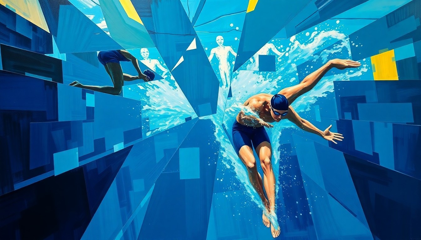 A fractured, multi-perspective painting depicting a swimming competition or relay race, with sharp, overlapping geometric planes in shades of deep blue, teal, and gold, conceptually representing the dominant performance of the Oakland Golden Grizzlies.