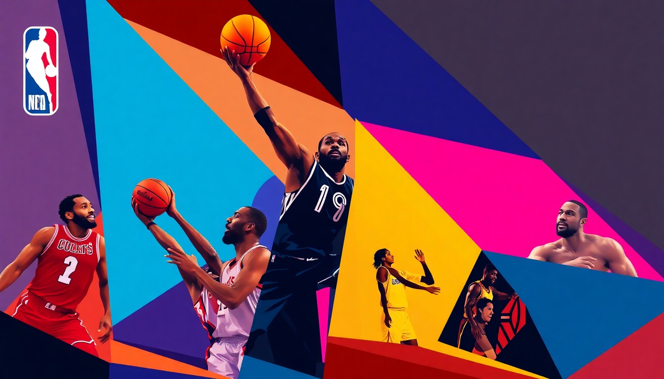 A fractured, multi-perspective painting in the style of Pablo Picasso, breaking down NBA games, matches, competition, and actions into sharp, overlapping geometric planes of bright, contrasting colors.