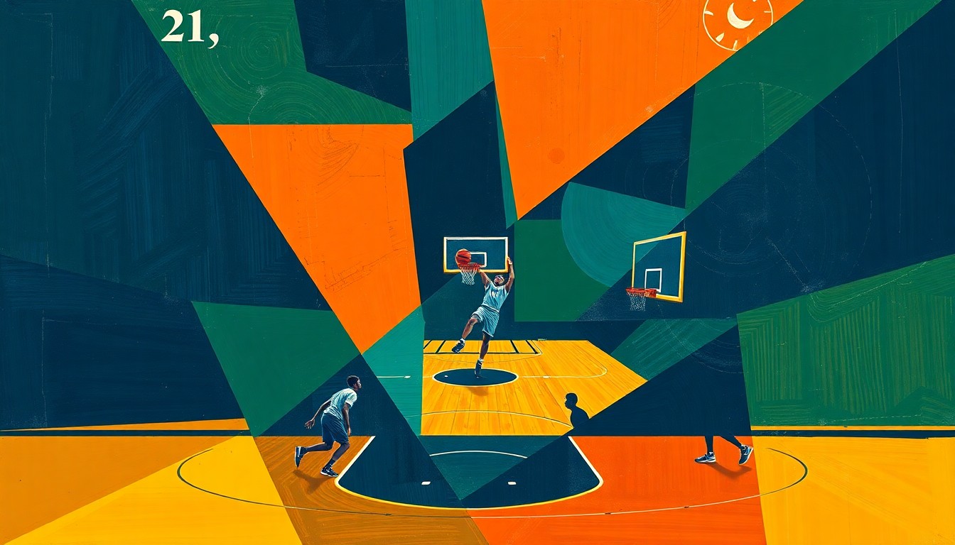 A cubist, geometric painting depicting a high school basketball game, with sharp, overlapping planes of color representing the dynamic energy and movement of the sport.
