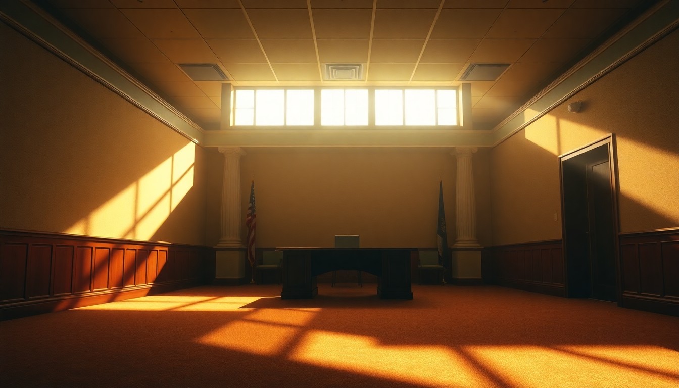 A dimly lit, cinematic painting of an empty government office space with warm, diagonal sunlight streaming through the windows, creating deep shadows and a sense of quiet contemplation around the unresolved political issue.