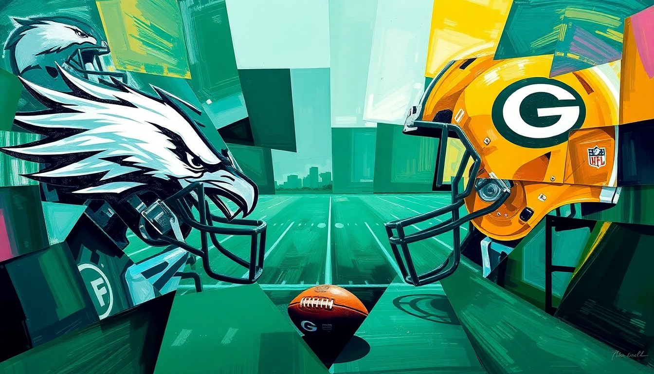 A fractured, cubist-style painting depicting a football game or match between the Philadelphia Eagles and Green Bay Packers, with the players and field broken down into sharp, overlapping geometric shapes and planes in the Eagles' green and the Packers' gold and green colors.