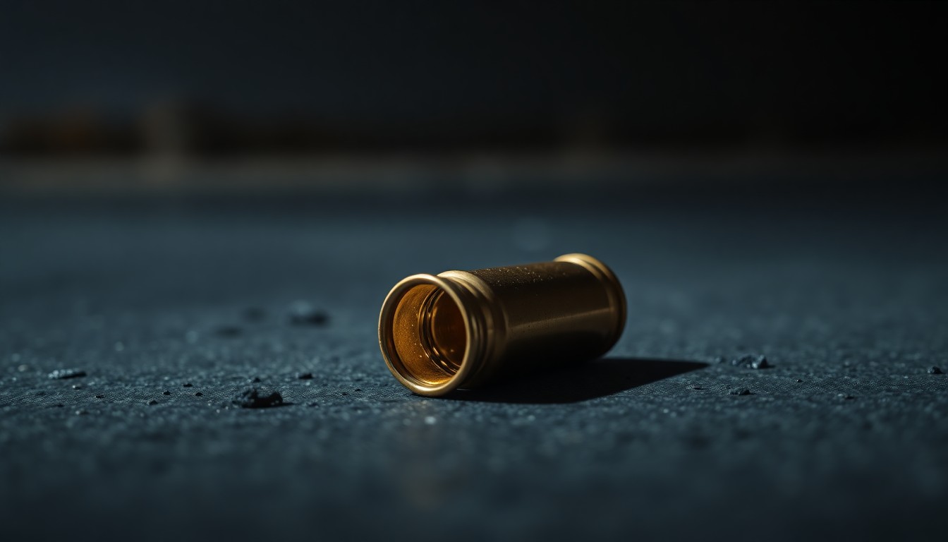 An extreme close-up photograph of a single spent shell casing on a dark concrete surface, conceptually illustrating the aftermath of a shooting incident.