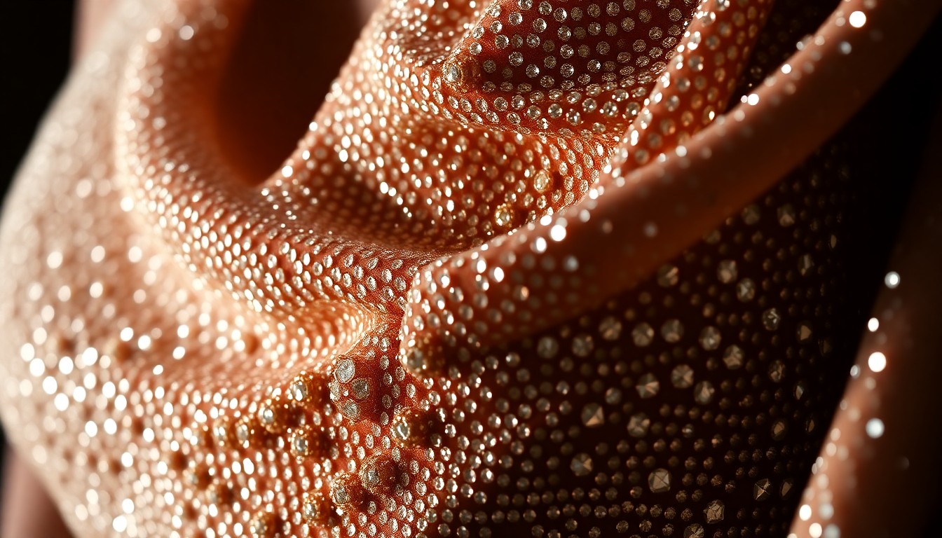 An extreme macro photograph of heavily textured, glittering fabric in dramatic high-contrast lighting, capturing the luxurious and glamorous details of a custom-made dress.