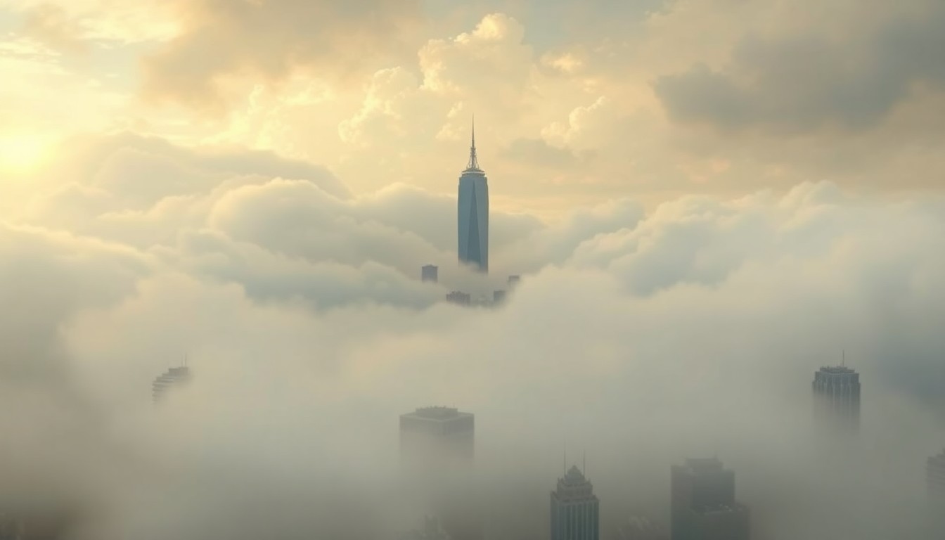 A vast, atmospheric landscape painting in muted tones of gray, blue, and white, depicting the Boston skyline shrouded in heavy fog and strong winds, with the Prudential Tower barely visible in the distance, conveying the overwhelming scale and sublime force of the weather conditions.